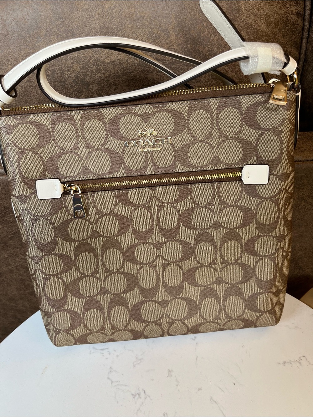 Coach NWOT Rowan File Bag Signature Canvas Khaki Chalk White Crossbody C1554